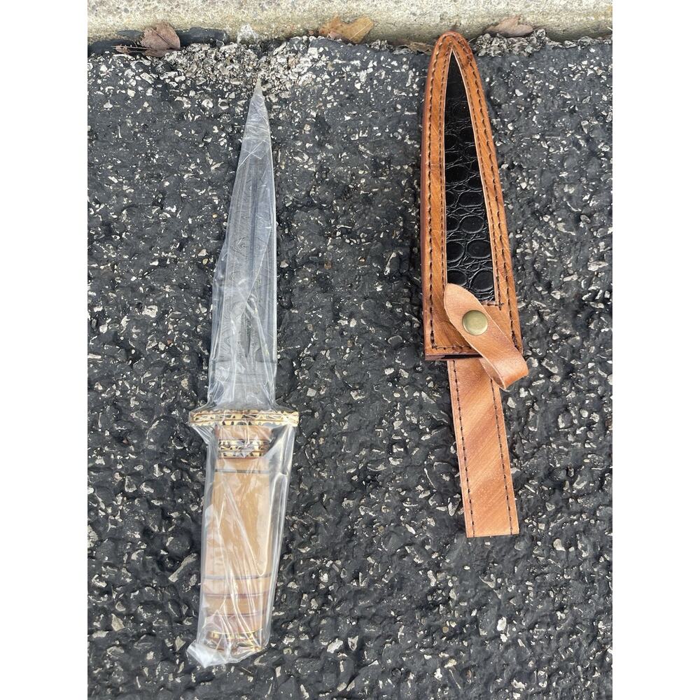 Handmade Damascus Steel Dagger Knife Fixed Blade w/ Black Leather Sheath New